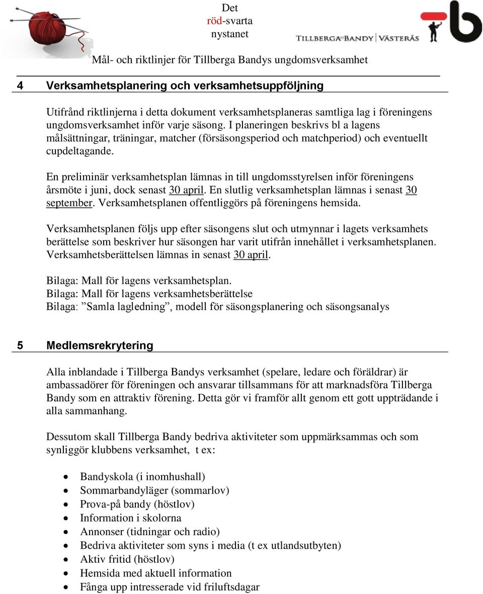 En preliminär verksamhetsplan lämnas in till ungdomsstyrelsen inför föreningens årsmöte i juni, dock senast 30 april. En slutlig verksamhetsplan lämnas i senast 30 september.