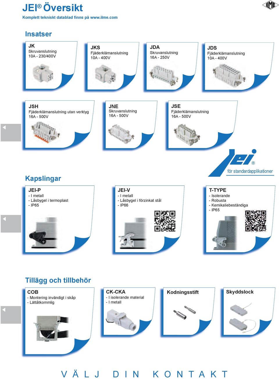 Fjäderklämanslutning utan verktyg 16A - 500V JNE Skruvanslutning 16A - 500V JSE Fjäderklämanslutning 16A - 500V Kapslingar för standardapplikationer JEI-P - I metall -