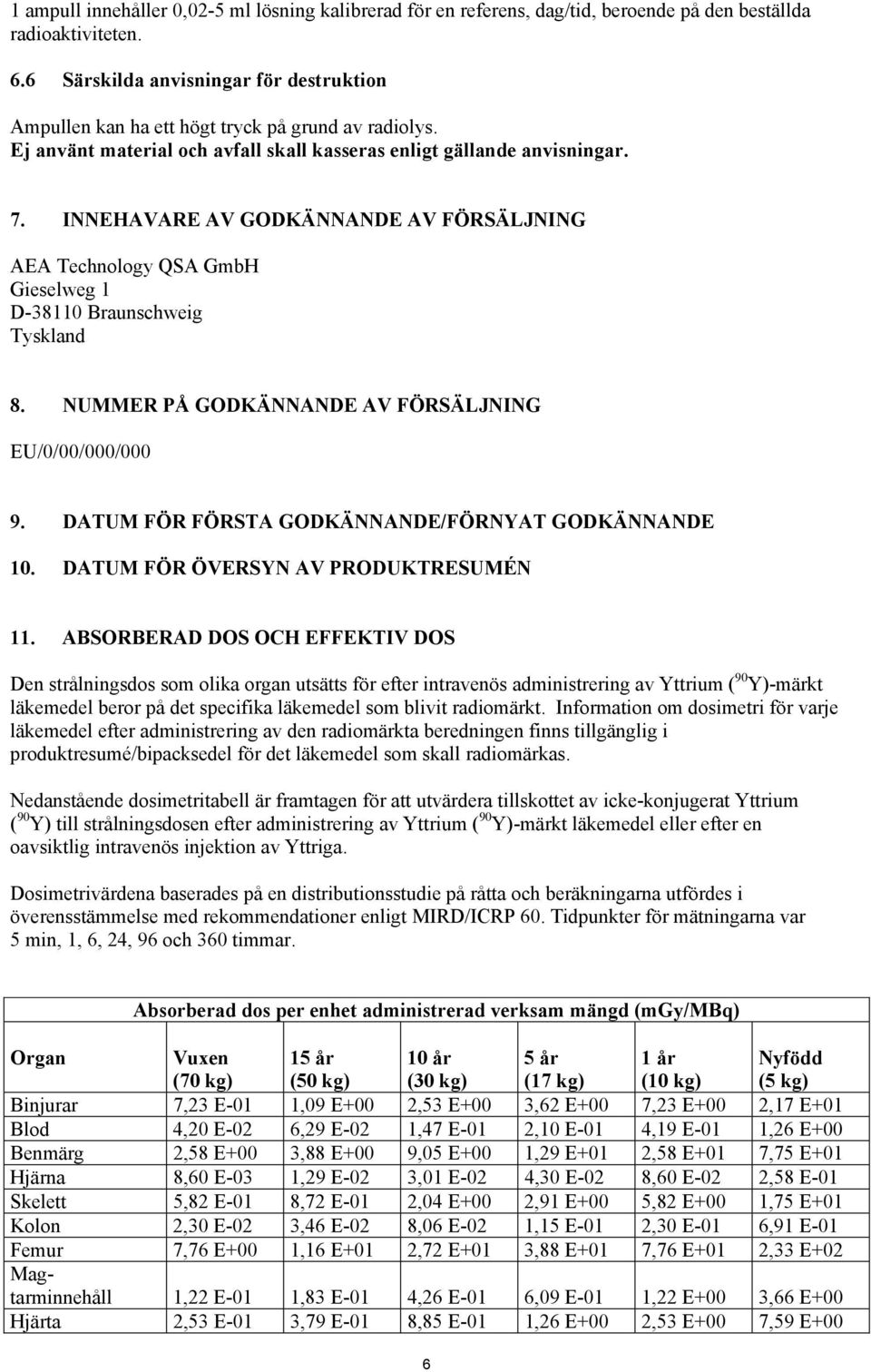 INNEHAVARE AV GODKÄNNANDE AV FÖRSÄLJNING AEA Technology QSA GmbH Gieselweg 1 D-38110 Braunschweig Tyskland 8. NUMMER PÅ GODKÄNNANDE AV FÖRSÄLJNING EU/0/00/000/000 9.