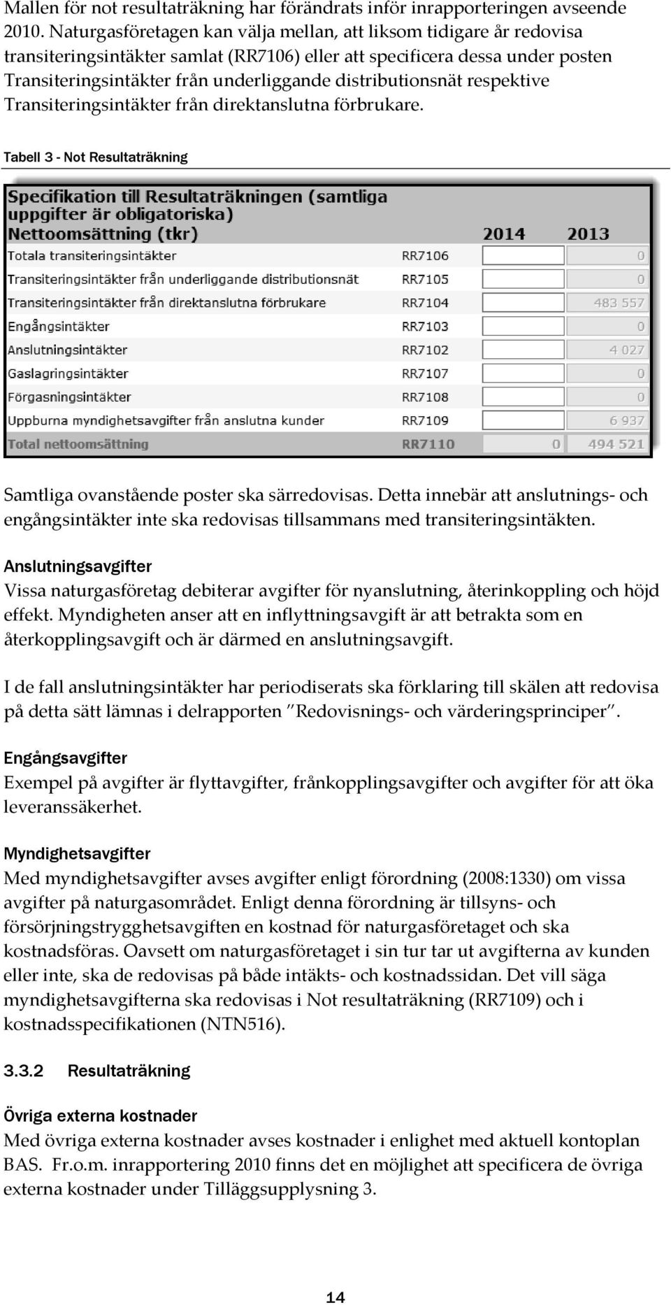 distributionsnät respektive Transiteringsintäkter från direktanslutna förbrukare. Tabell 3 - Not Resultaträkning Samtliga ovanstående poster ska särredovisas.