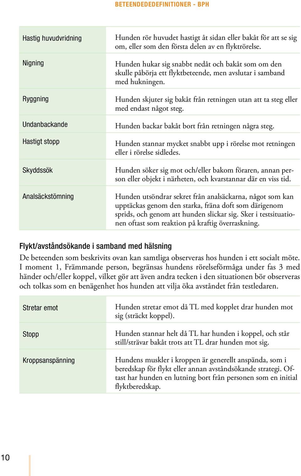 Hunden skjuter sig bakåt från retningen utan att ta steg eller med endast något steg. Hunden backar bakåt bort från retningen några steg.