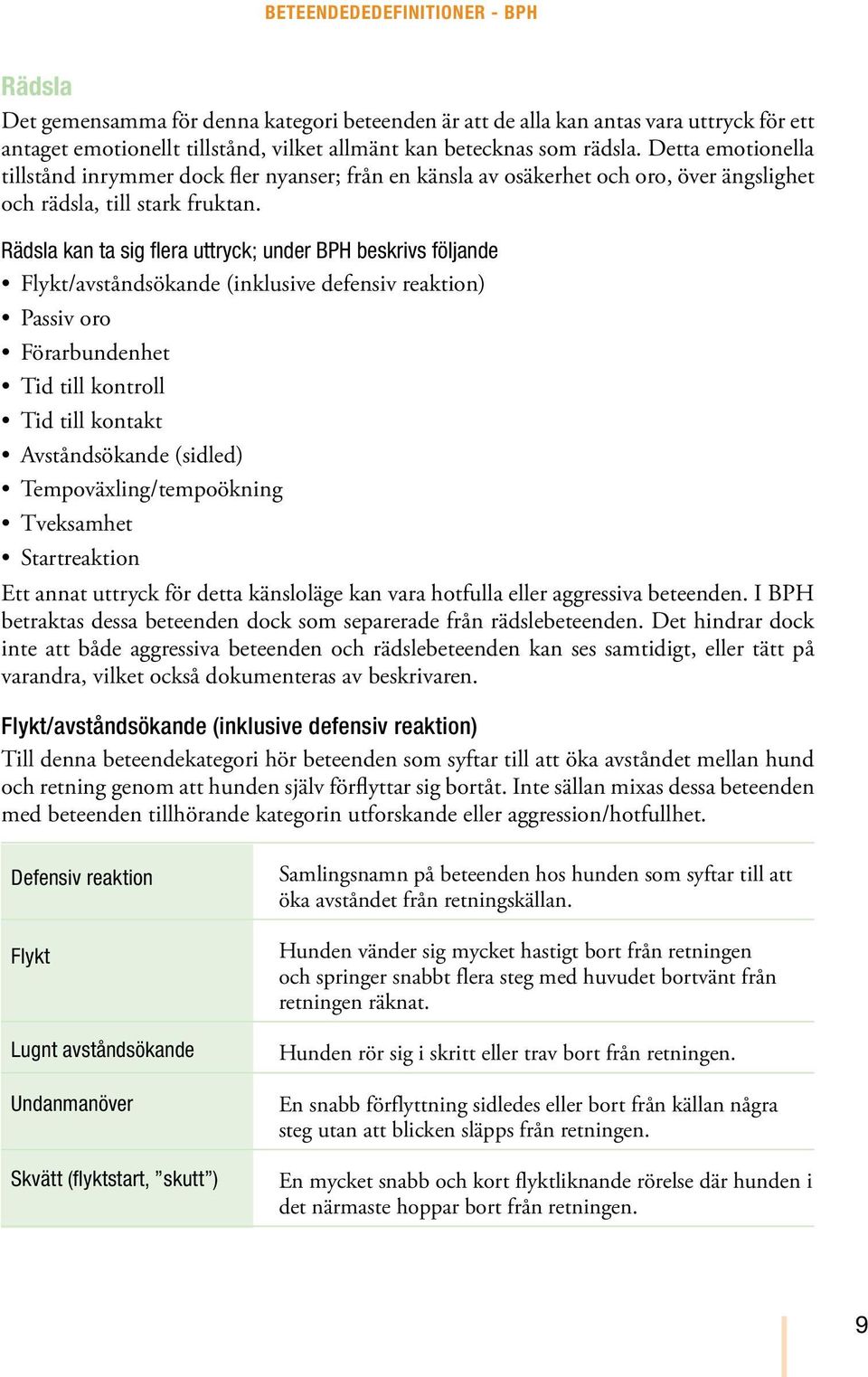 Rädsla kan ta sig flera uttryck; under BPH beskrivs följande Flykt/avståndsökande (inklusive defensiv reaktion) Passiv oro Förarbundenhet Tid till kontroll Tid till kontakt Avståndsökande (sidled)