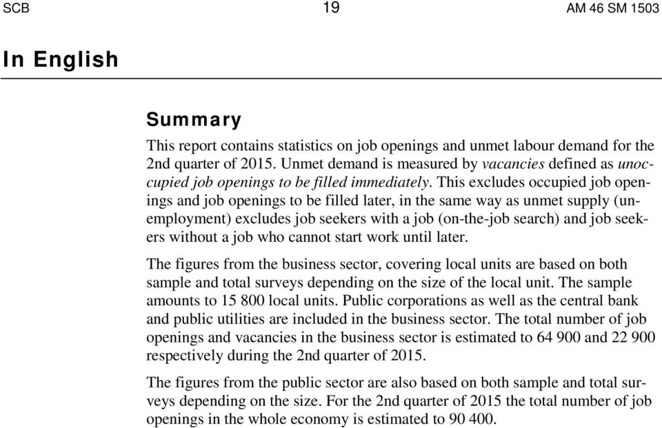 This excludes occupied job openings and job openings to be filled later, in the same way as unmet supply (unemployment) excludes job seekers with a job (on-the-job search) and job seekers without a