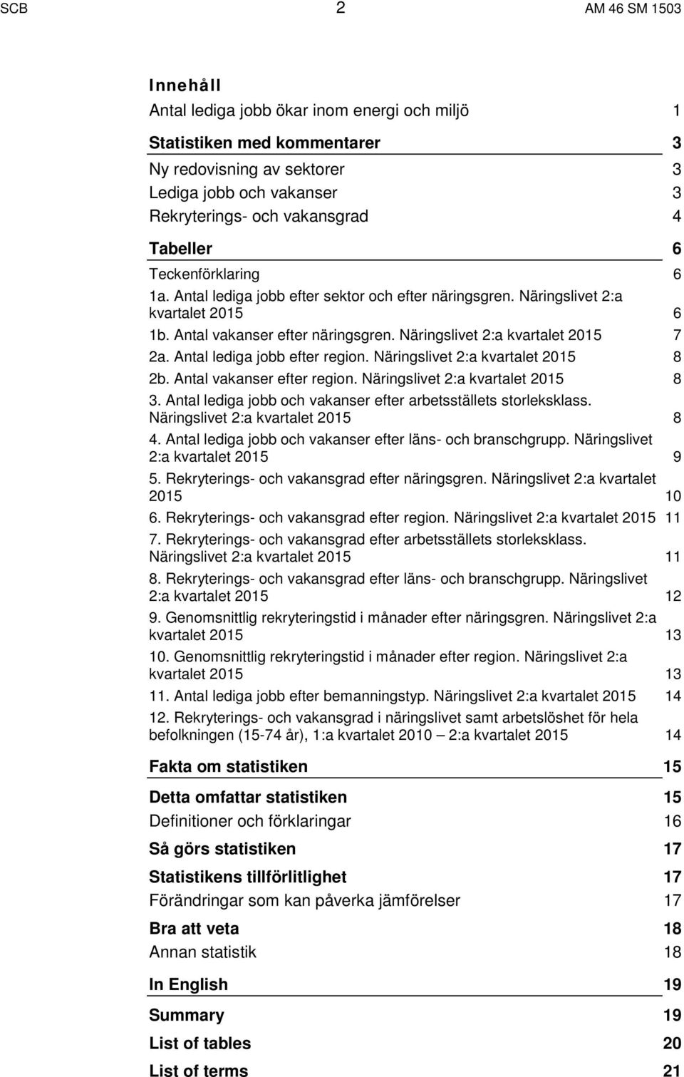 Antal lediga jobb efter region. Näringslivet 2:a kvartalet 2015 8 2b. Antal vakanser efter region. Näringslivet 2:a kvartalet 2015 8 3.