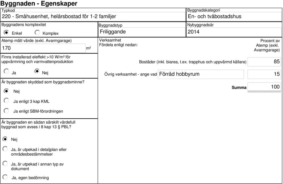 Bostäder (inkl. biarea, t.ex. trapphus och uppvärmd källare) Procent av Atemp (exkl. Avarmgarage) 85 Övrig verksamhet - ange vad Förråd hobbyrum 15 Är byggnaden skyddad som byggnadsminne?