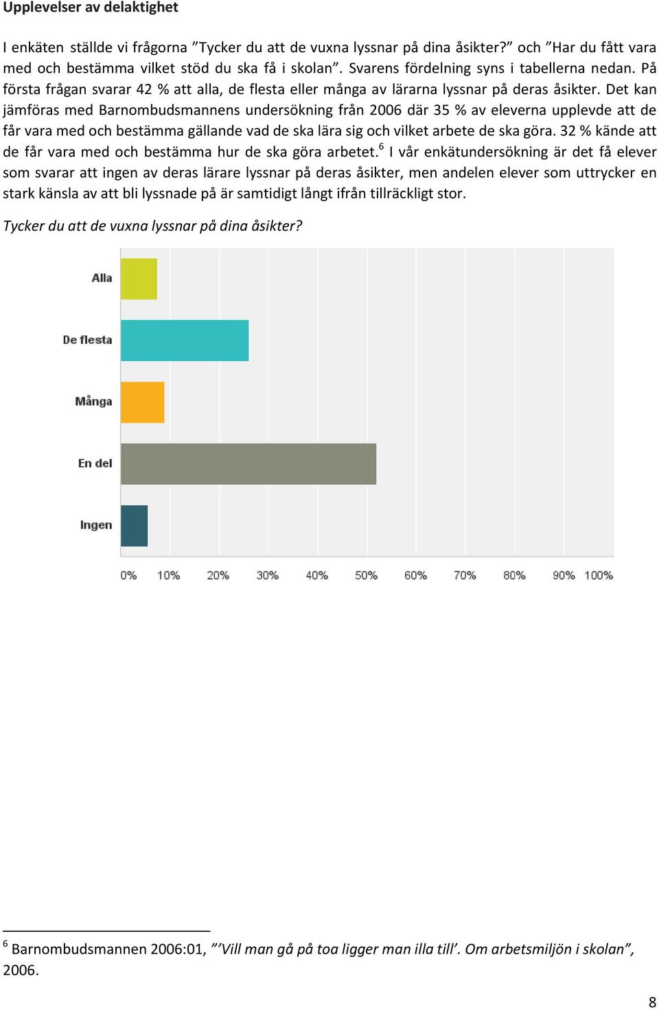 Det kan jämföras med Barnombudsmannens undersökning från 2006 där 35 % av eleverna upplevde att de får vara med och bestämma gällande vad de ska lära sig och vilket arbete de ska göra.