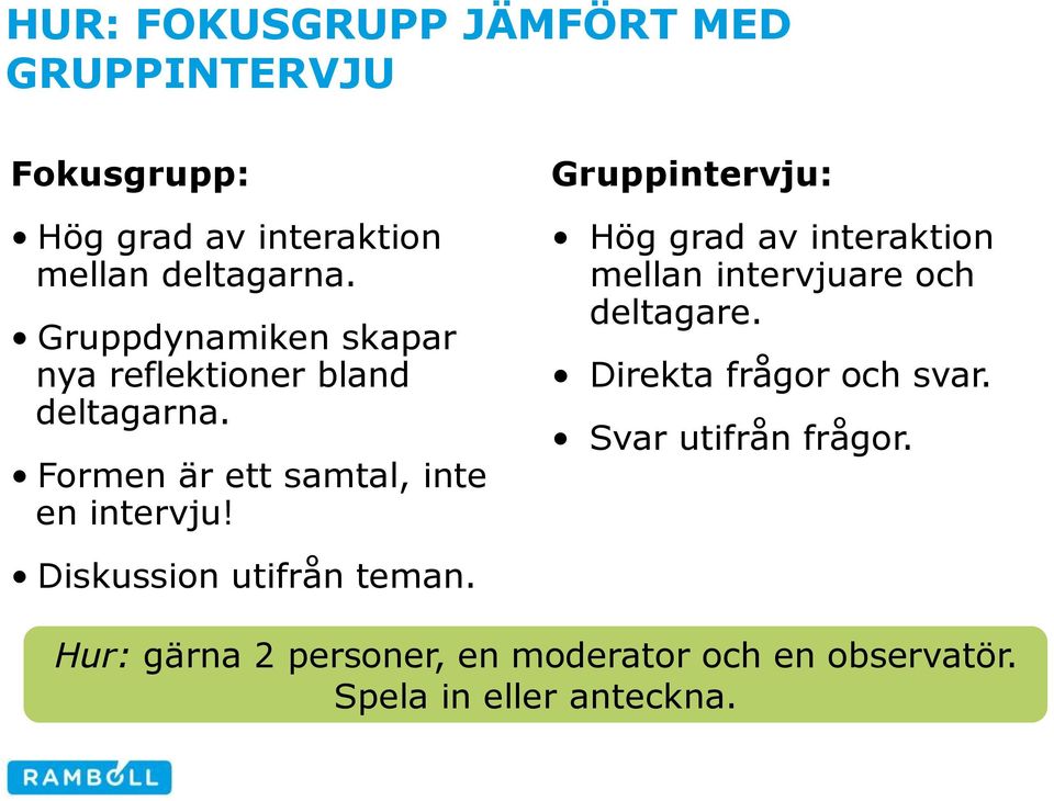 Gruppintervju: Hög grad av interaktion mellan intervjuare och deltagare. Direkta frågor och svar.