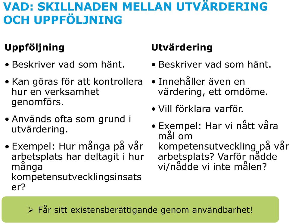 Exempel: Hur många på vår arbetsplats har deltagit i hur många kompetensutvecklingsinsats er? Utvärdering Beskriver vad som hänt.