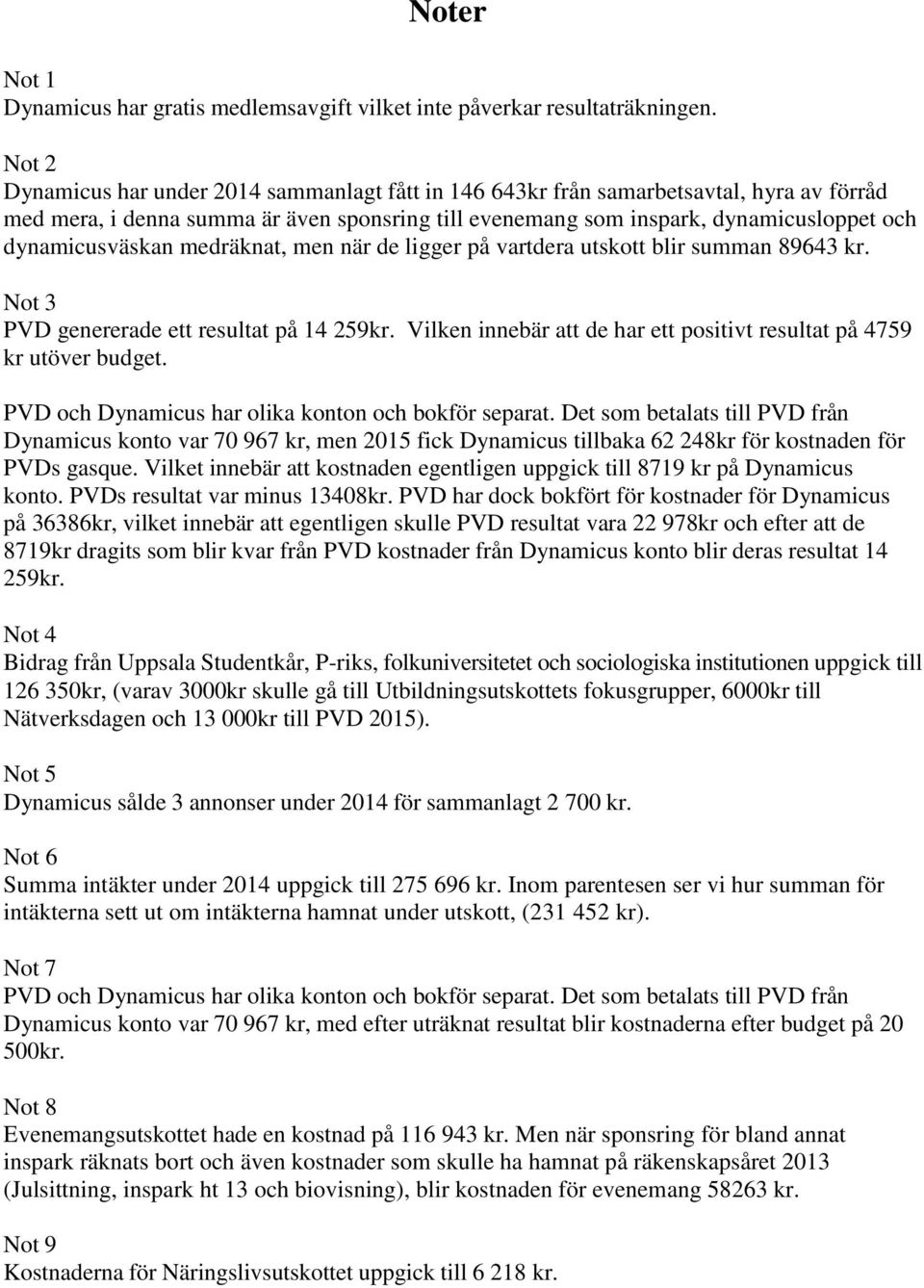 dynamicusväskan medräknat, men när de ligger på vartdera utskott blir summan 89643 kr. Not 3 PVD genererade ett resultat på 14 259kr.