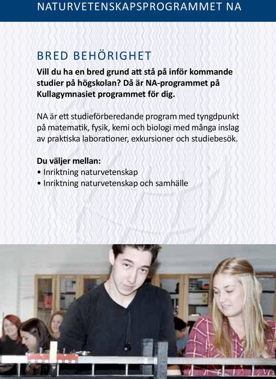 NA är ett studieförberedande program med tyngdpunkt på matematik, fysik, kemi och biologi med många