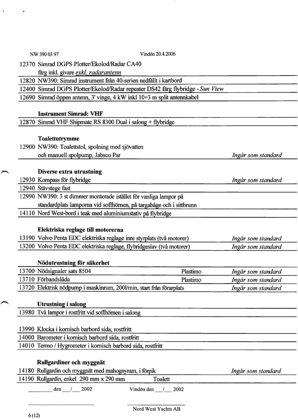 kw inkl 10+3 m split antennkabel Instrument Simrad: VHF 12870 Simrad VHF Shipmate RS 8300 Dual i salong + flybridge Toalettutrymme 12900 NW390: Toalettstol, spolning med sjovaffen och manuell