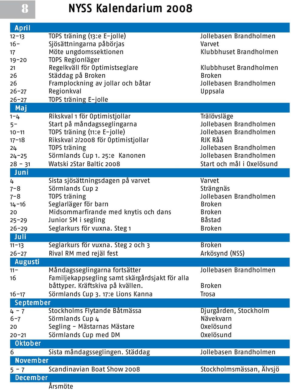 träning E-jolle Maj aj 1-4 Rikskval 1 för Optimistjollar Trälövsläge 5- Start på måndagsseglingarna Jollebasen Brandholmen 10-11 TOPS träning (11:e E-jolle) Jollebasen Brandholmen 17-18 Rikskval