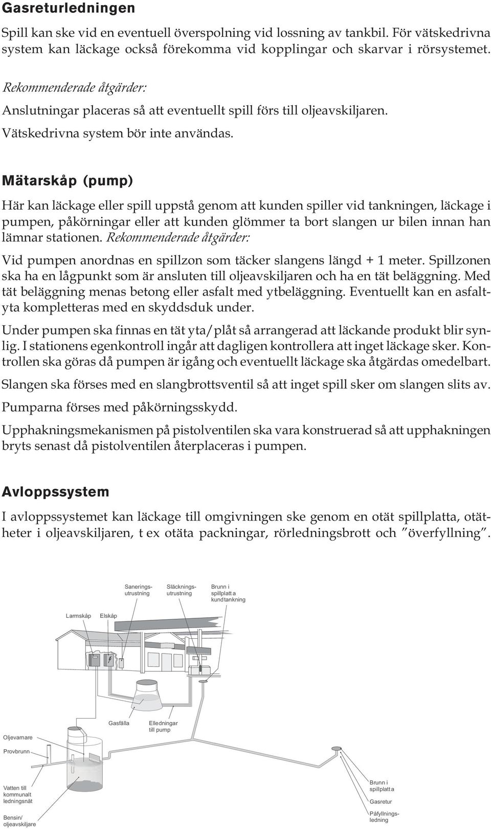 Mätarskåp (pump) Här kan läckage eller spill uppstå genom att kunden spiller vid tankningen, läckage i pumpen, påkörningar eller att kunden glömmer ta bort slangen ur bilen innan han lämnar stationen.