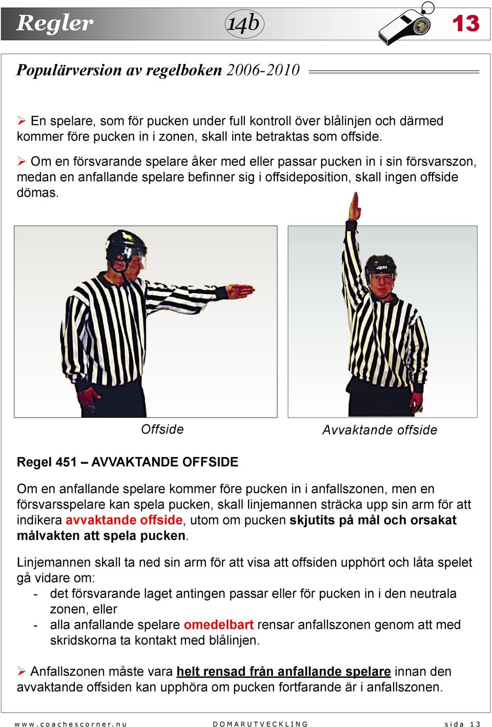 Offside Avvaktande offside Regel 451 AVVAKTANDE OFFSIDE Om en anfallande spelare kommer före pucken in i anfallszonen, men en försvarsspelare kan spela pucken, skall linjemannen sträcka upp sin arm