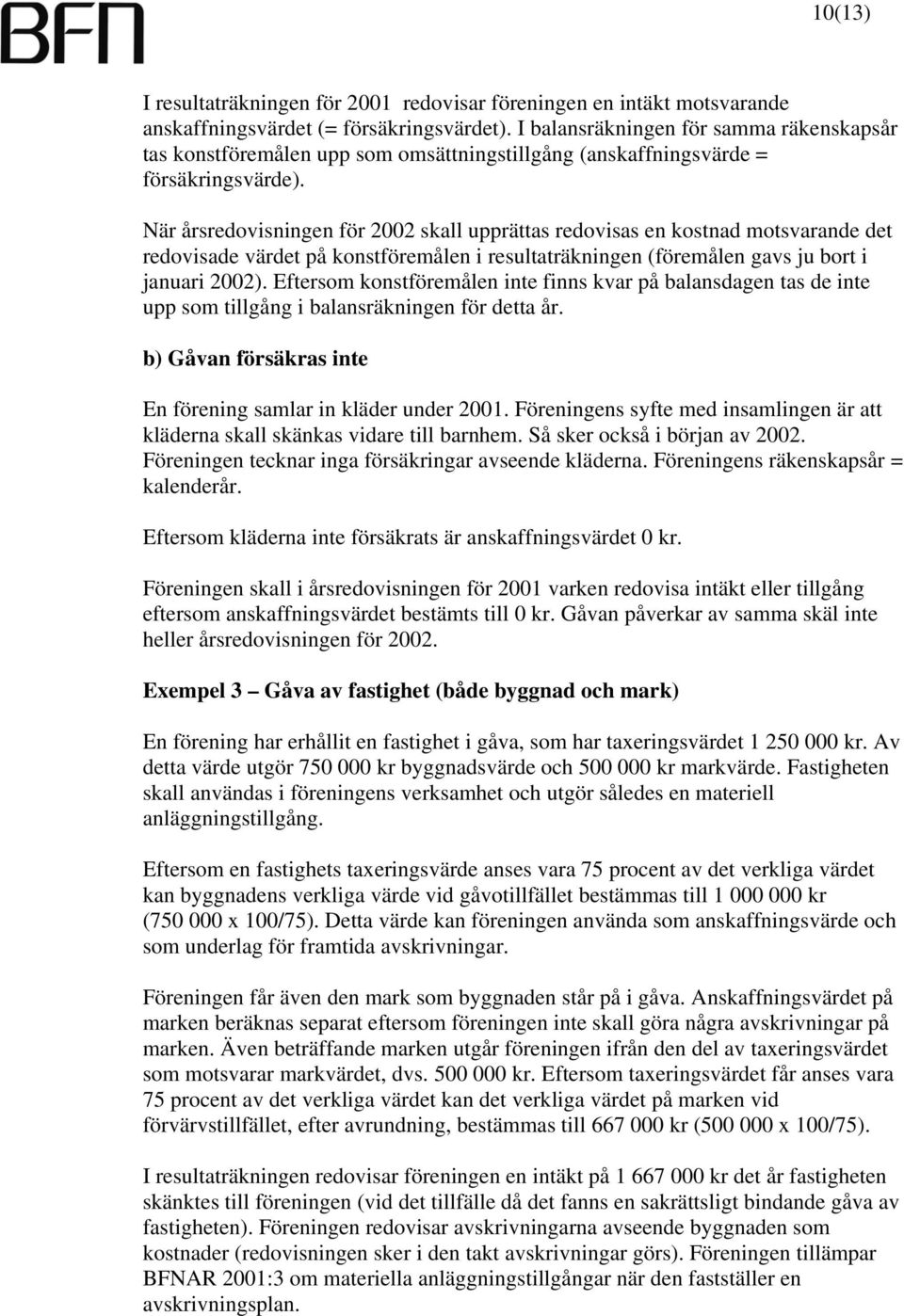 När årsredovisningen för 2002 skall upprättas redovisas en kostnad motsvarande det redovisade värdet på konstföremålen i resultaträkningen (föremålen gavs ju bort i januari 2002).