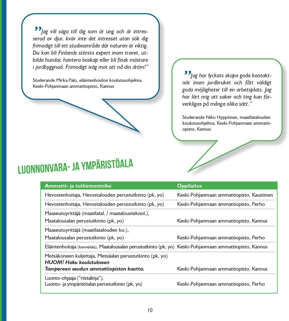 Studerande Mirka Palo, eläintenhoidon koulutusohjelma, Keski-Pohjanmaan ammattiopisto, Kannus Jag har lyckats skapa goda kontaktnät inom jordbruket och fått väldigt goda möjligheter till en