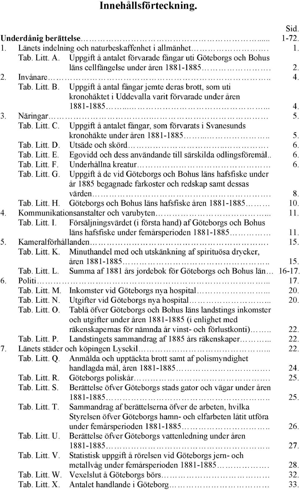 ..... 4. 3. Näringar. 5. Tab. Litt. C. Uppgift å antalet fångar, som förvarats i Svanesunds kronohäkte under åren 1881-1885..... 5. Tab. Litt. D. Utsäde och skörd... 6. Tab. Litt. E.