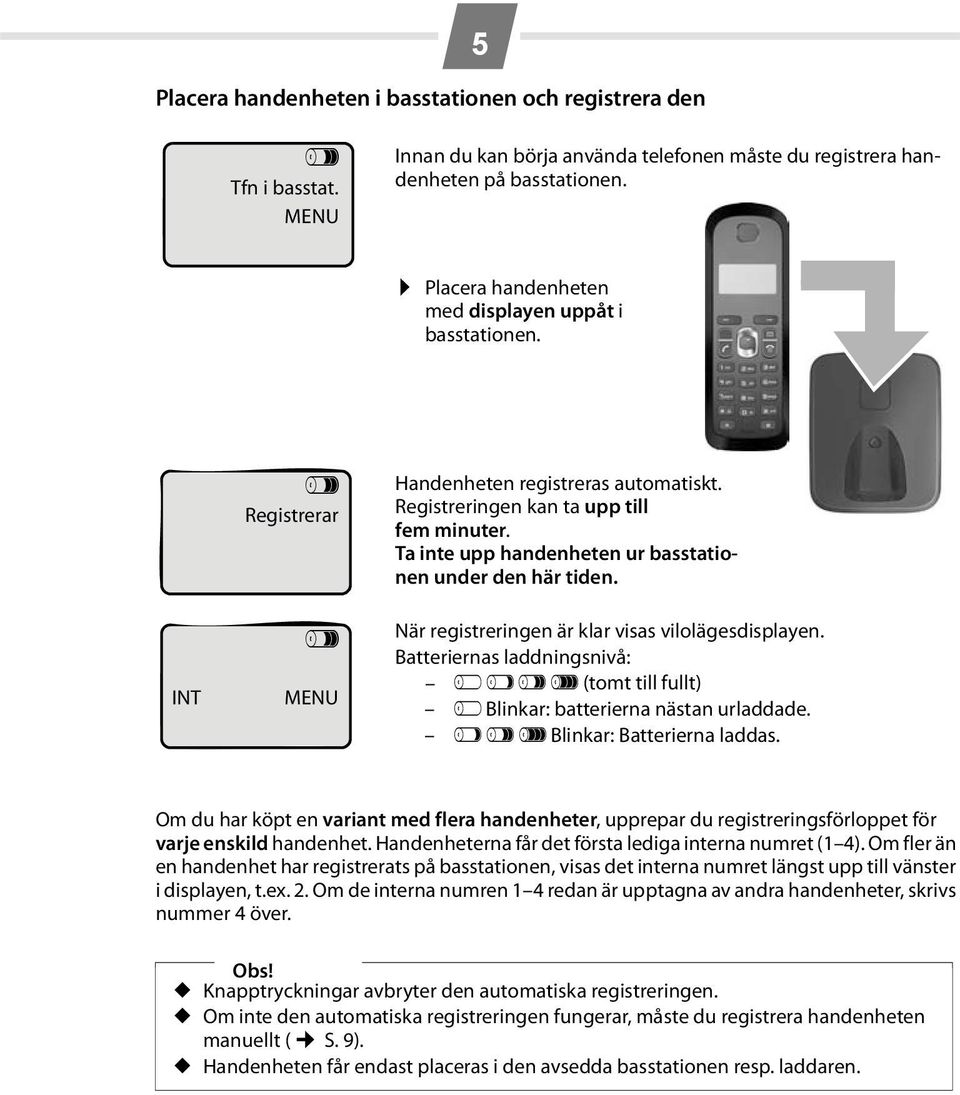 Ta inte upp handenheten ur basstationen under den här tiden. När registreringen är klar visas vilolägesdisplayen.