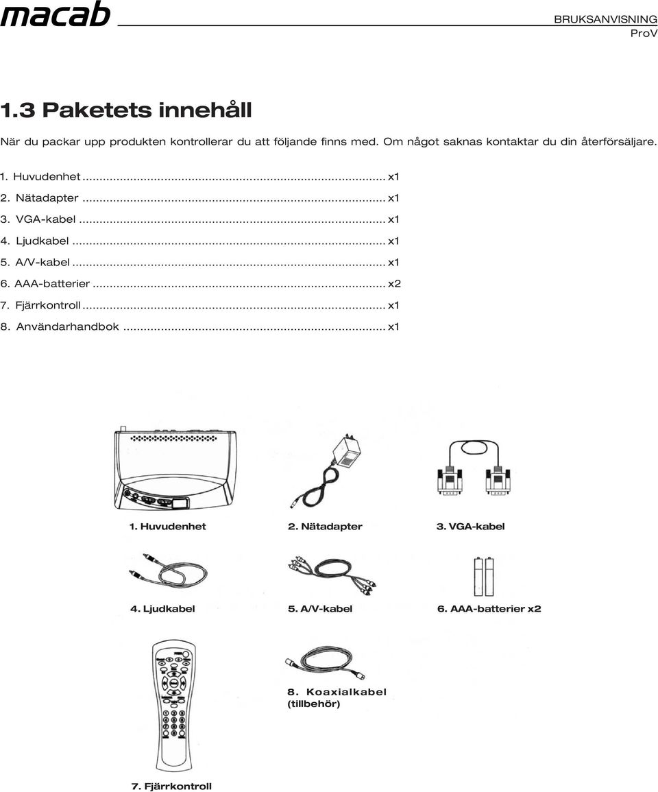 Ljudkabel... x1 5. A/V-kabel... x1 6. AAA-batterier... x2 7. Fjärrkontroll... x1 8. Användarhandbok... x1 1.