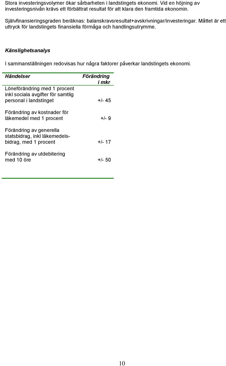 Känslighetsanalys I sammanställningen redovisas hur några faktorer påverkar landstingets ekonomi.
