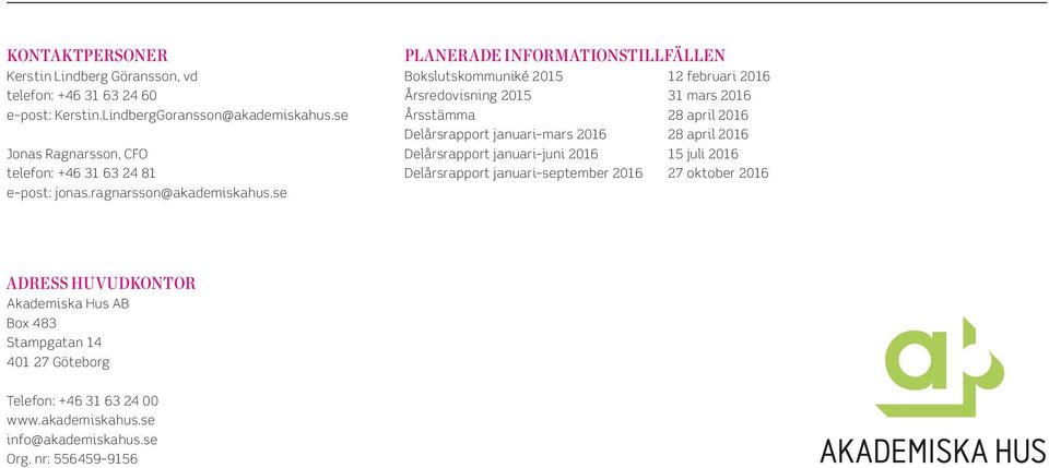 se PLANERADE INFORMATIONSTILLFÄLLEN Bokslutskommuniké 12 februari 216 Årsredovisning 31 mars 216 Årsstämma 28 april 216 Delårsrapport januari mars 216 28