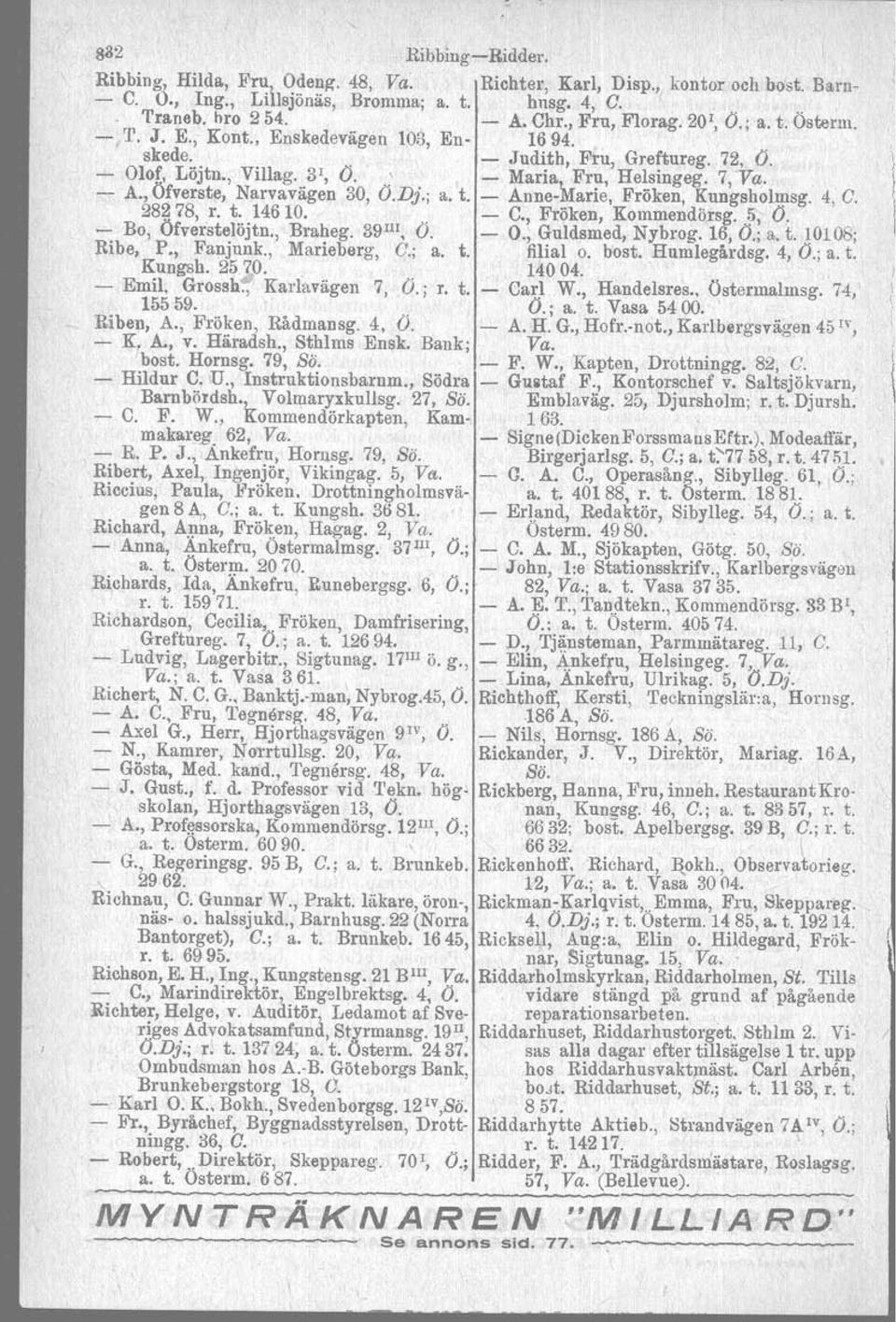 , Öfverste, Narvavägen 30, O.Dj.; a. t. - Anne-Marie, Fröken, Kungsholmsg. 4, C. 28278, r. t. 14610. - C., Fröken, Kommendörsg. 5, O. Bo, Öfverstelöjtn., Braheg. 39 m, O. - O., Guldsmed, Nybrog.