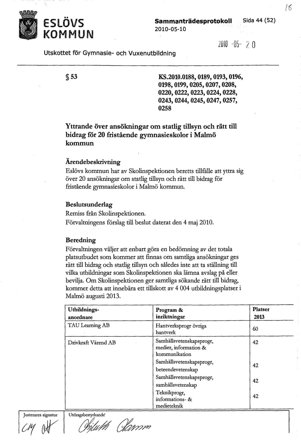 Beslutsunderlag Remiss från Skolinspektionen. Förvaltningens förslag till beslut daterat den 4 maj 2010.