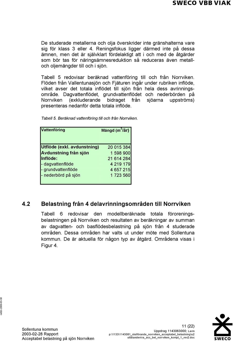 sjön. Tabell 5 redovisar beräknad vattenföring till och från Norrviken.