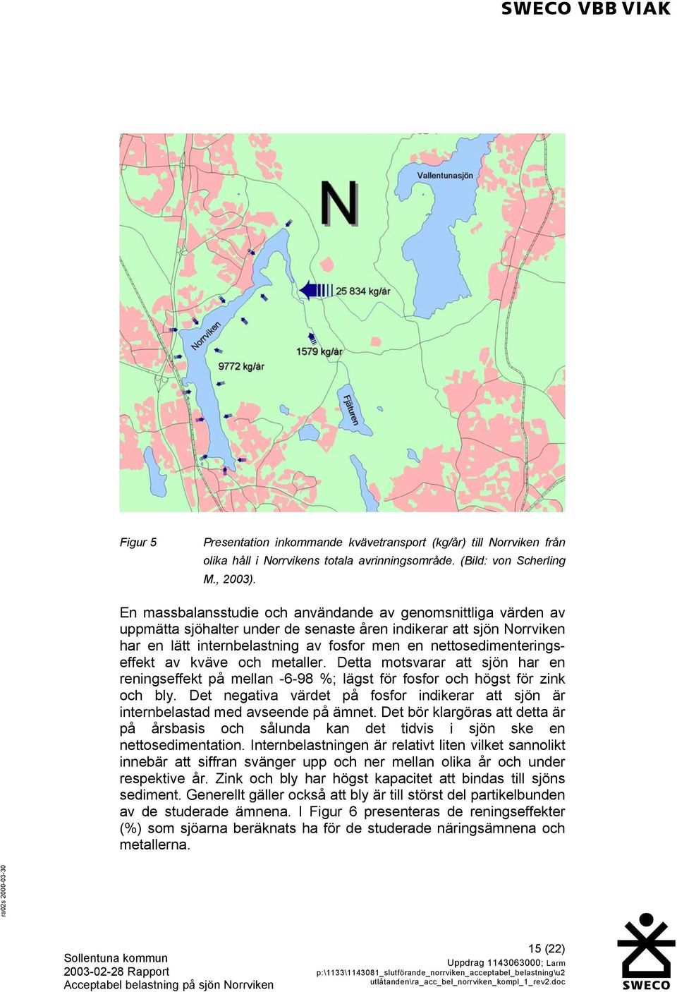 nettosedimenteringseffekt av kväve och metaller. Detta motsvarar att sjön har en reningseffekt på mellan -6-98 %; lägst för fosfor och högst för zink och bly.