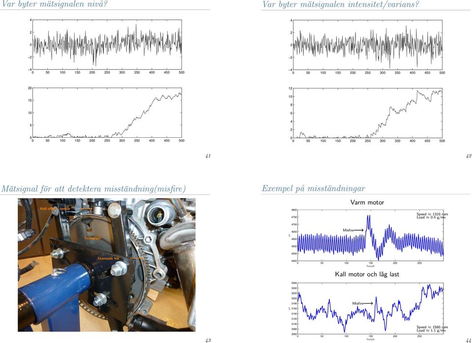 0 0 50 100 150 200 250 300 350 400 450 500 41 42 Mätsignal för att detektera misständning(misfire) Hall-effekt, sensor Exempel på misständningar 4800 4750 Varm motor