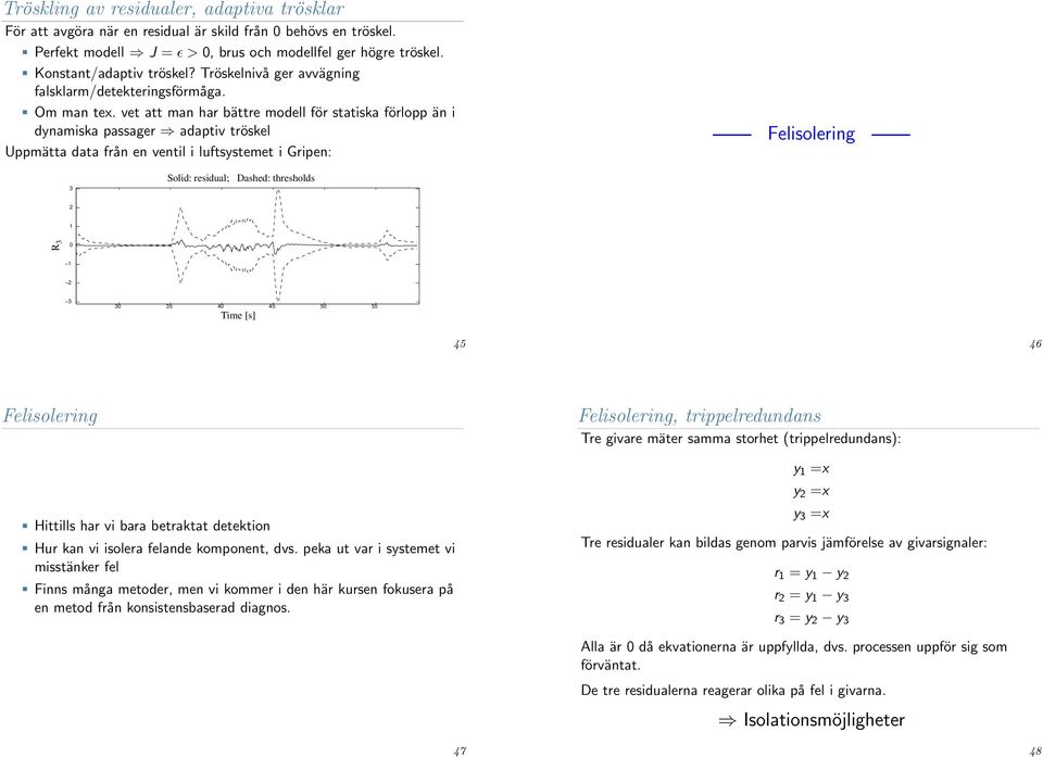 vet att man har bättre modell för statiska förlopp än i dynamiska passager adaptiv tröskel Uppmätta data från en ventil i luftsystemet i Gripen: Felisolering 3 Solid: residual; Dashed: thresholds 2 1