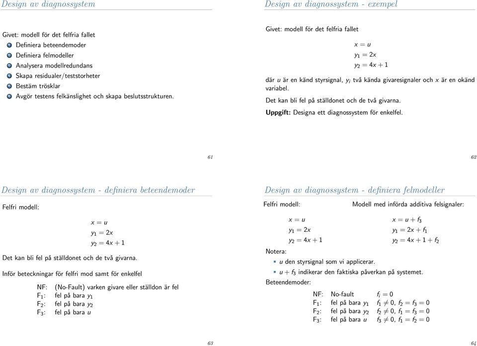 Givet: modell för det felfria fallet x = u y 1 = 2x y 2 = 4x + 1 där u är en känd styrsignal, y i två kända givaresignaler och x är en okänd variabel. Det kan bli fel på ställdonet och de två givarna.