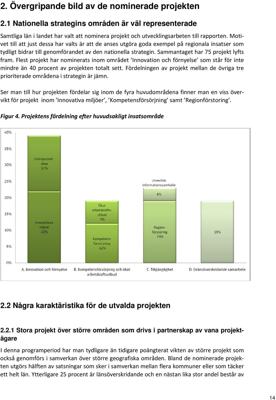 Sammantaget har 75 projekt lyfts fram. Flest projekt har nominerats inom området Innovation och förnyelse som står för inte mindre än 40 procent av projekten totalt sett.