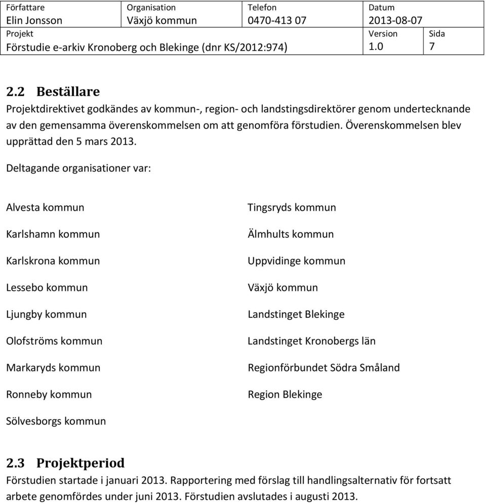 Deltagande organisationer var: Alvesta kommun Karlshamn kommun Karlskrona kommun Lessebo kommun Ljungby kommun Olofströms kommun Markaryds kommun Ronneby kommun Tingsryds kommun