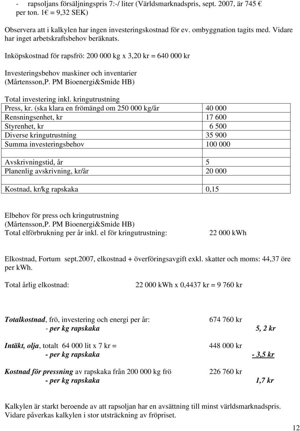 PM Bioenergi&Smide HB) Total investering inkl. kringutrustning Press, kr.