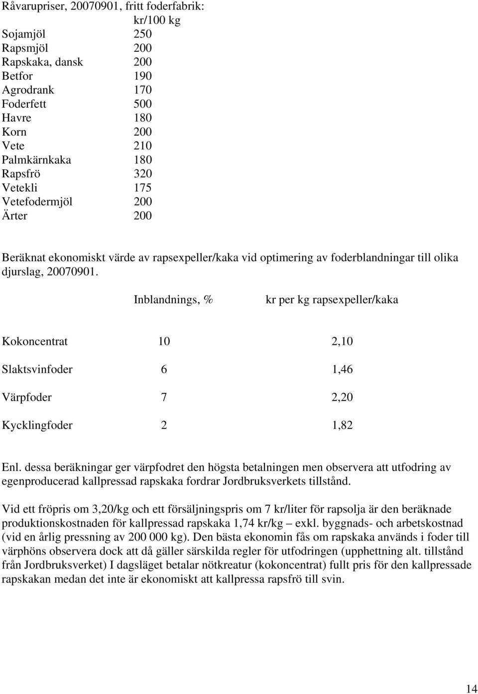 Inblandnings, % kr per kg rapsexpeller/kaka Kokoncentrat 10 2,10 Slaktsvinfoder 6 1,46 Värpfoder 7 2,20 Kycklingfoder 2 1,82 Enl.