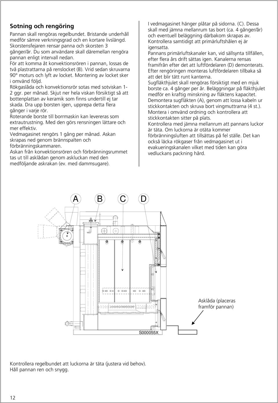 Vrid sedan skruvarna 90 moturs och lyft av locket. Montering av locket sker i omvänd följd. Rökgaslåda och konvektionsrör sotas med sotviskan 1-2 ggr. per månad.