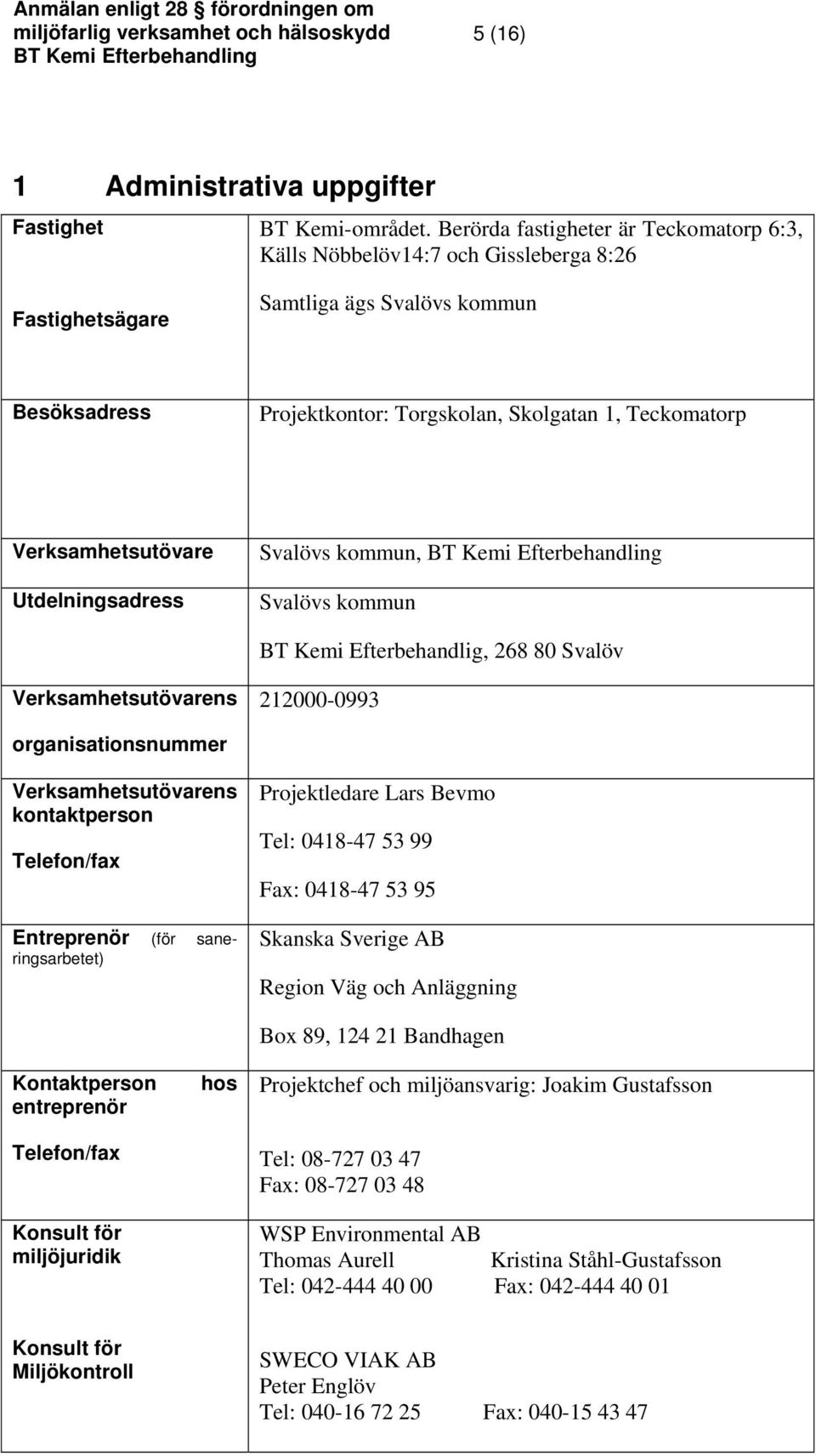 Verksamhetsutövare Utdelningsadress Svalövs kommun, Svalövs kommun BT Kemi Efterbehandlig, 268 80 Svalöv Verksamhetsutövarens 212000-0993 organisationsnummer Verksamhetsutövarens kontaktperson