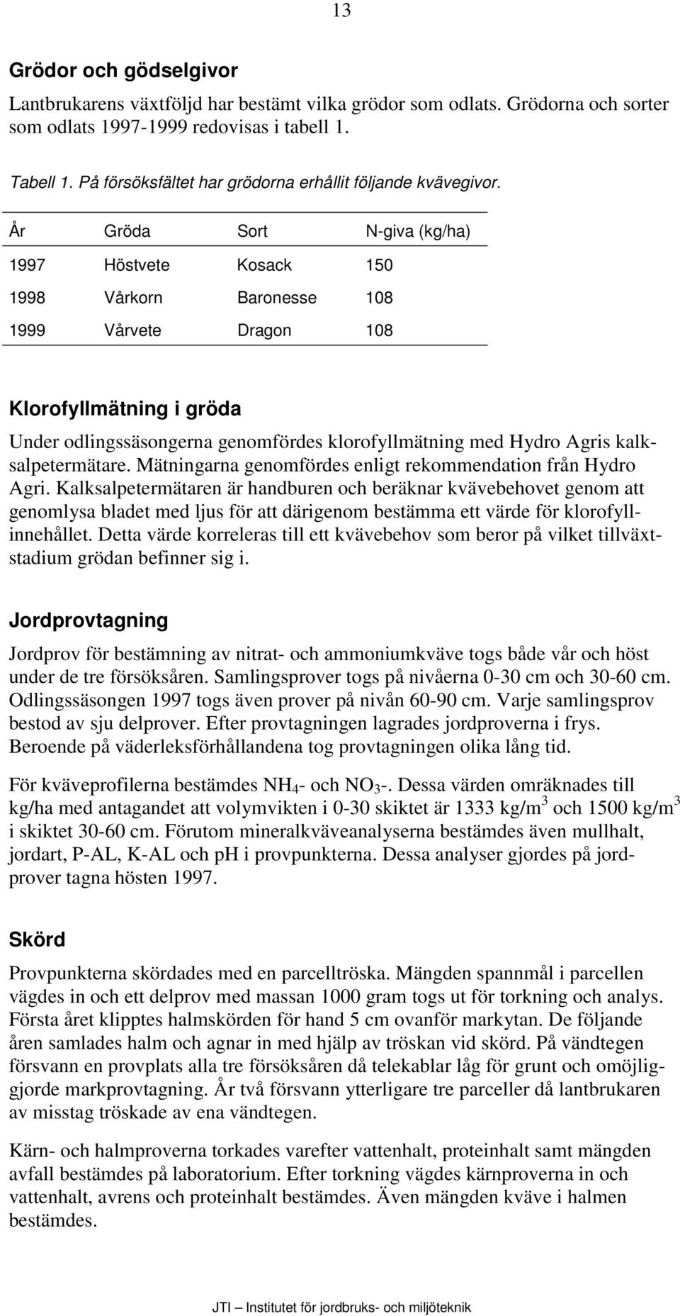 År Gröda Sort N-giva (kg/ha) 1997 Höstvete Kosack 150 1998 Vårkorn Baronesse 108 1999 Vårvete Dragon 108 Klorofyllmätning i gröda Under odlingssäsongerna genomfördes klorofyllmätning med Hydro Agris