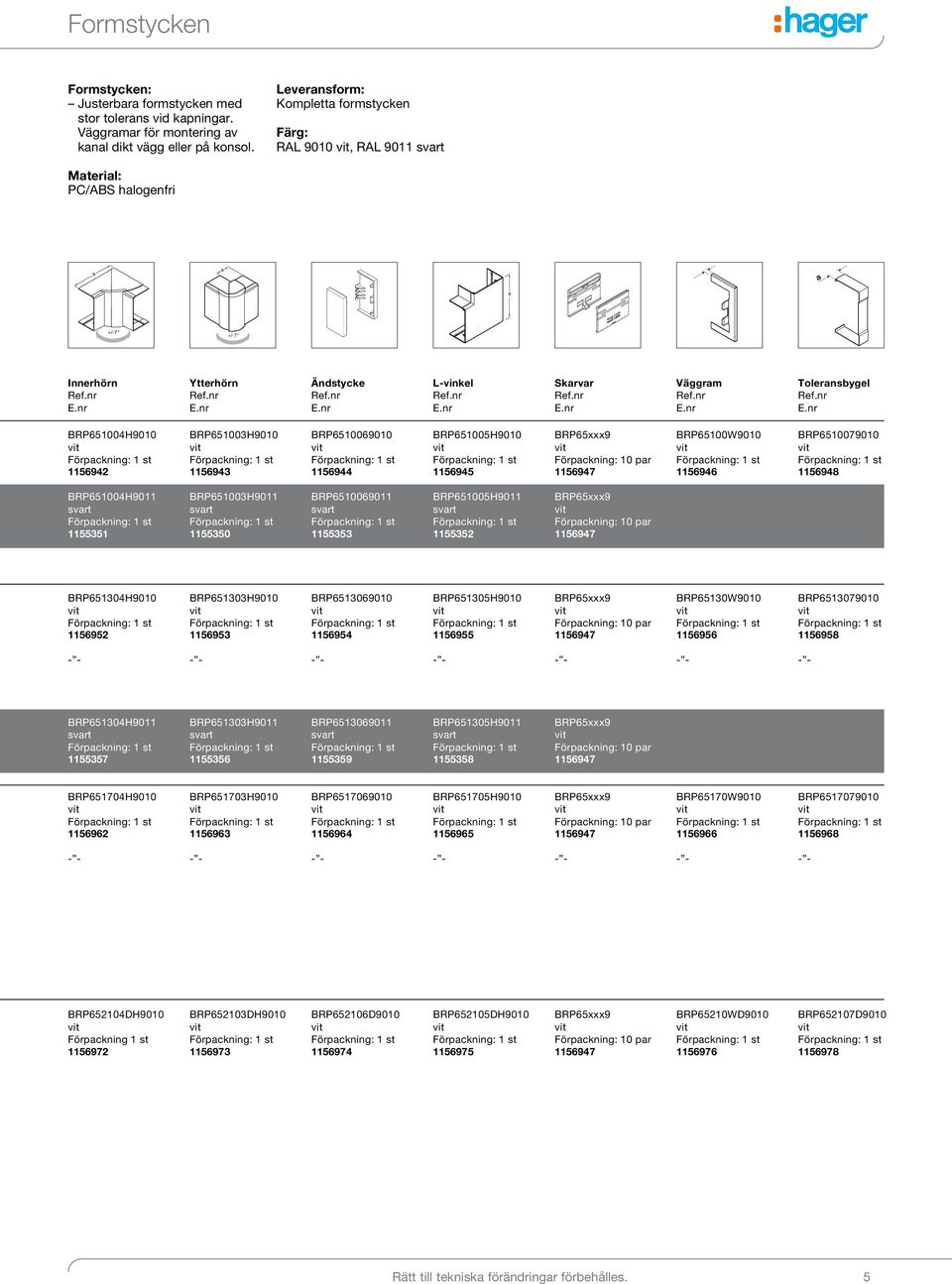 BRP651003H9010 1156943 BRP6510069010 1156944 BRP651005H9010 1156945 BRP65xxx9 Förpckning: 10 pr 1156947 BRP65100W9010 1156946 BRP6510079010 1156948 BRP651004H9011 svrt 1155351 BRP651003H9011 svrt
