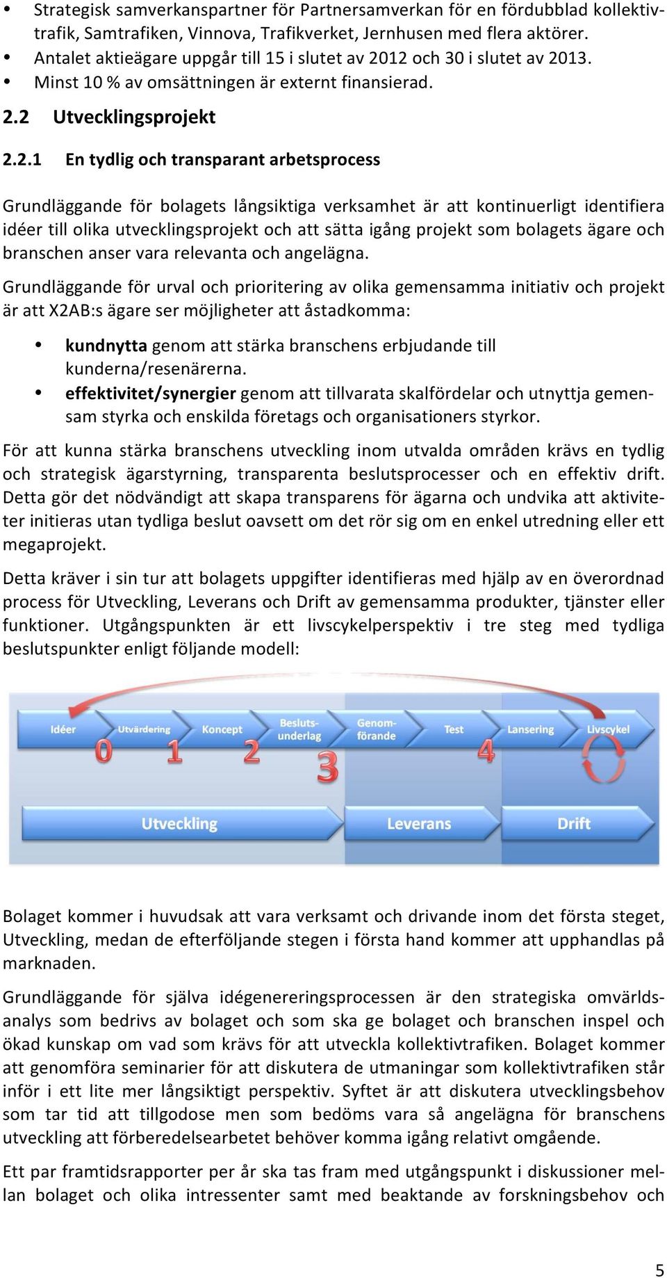 12 och 30 i slutet av 2013. Minst 10 % av omsättningen är externt finansierad. 2.2 Utvecklingsprojekt 2.2.1 En tydlig och transparant arbetsprocess Grundläggande för bolagets långsiktiga verksamhet