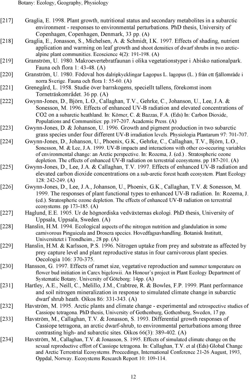 Effects of shading, nutrient application and warming on leaf growth and shoot densities of dwarf shrubs in two arcticalpine plant communities. Ecoscience 4(2): 191-198. [219] Granström, U. 1980.