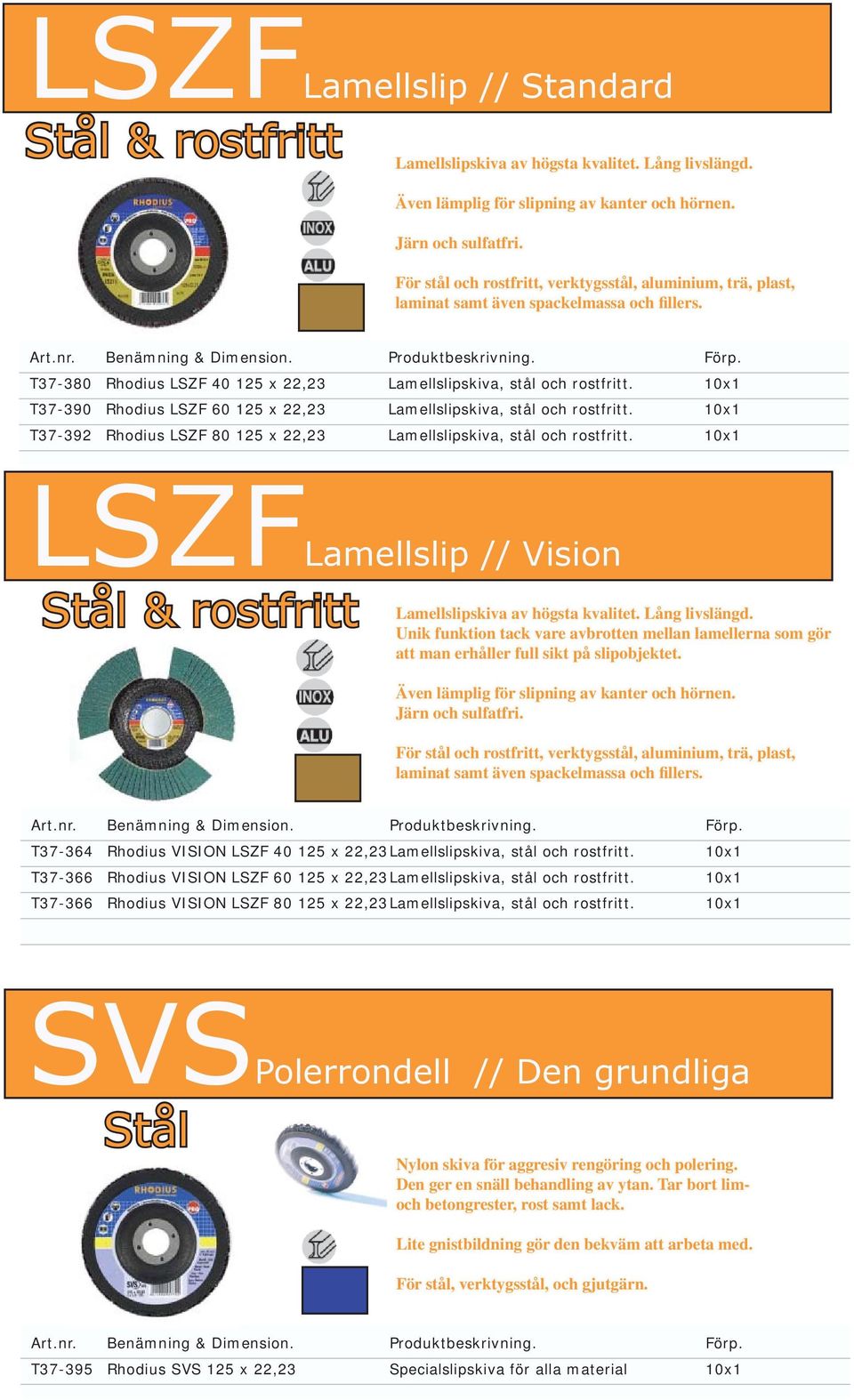 10x1 T37-390 Rhodius LSZF 60 125 x 22,23 Lamellslipskiva, stål och rostfritt. 10x1 T37-392 Rhodius LSZF 80 125 x 22,23 Lamellslipskiva, stål och rostfritt.