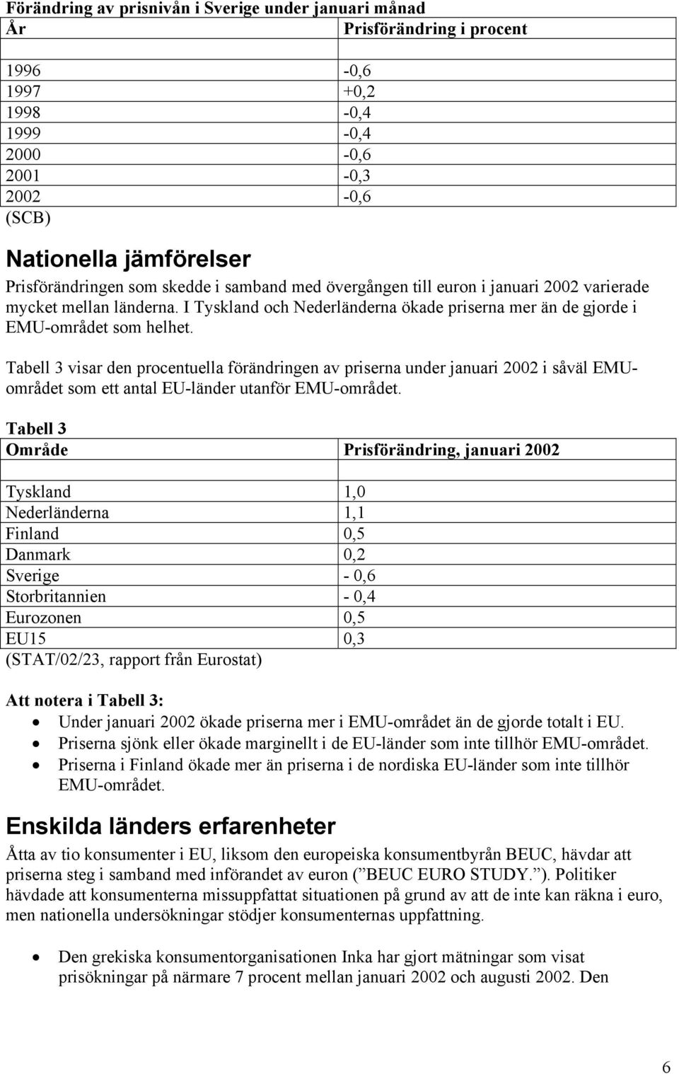 Tabell 3 visar den procentuella förändringen av priserna under januari 2002 i såväl EMUområdet som ett antal EU-länder utanför EMU-området.
