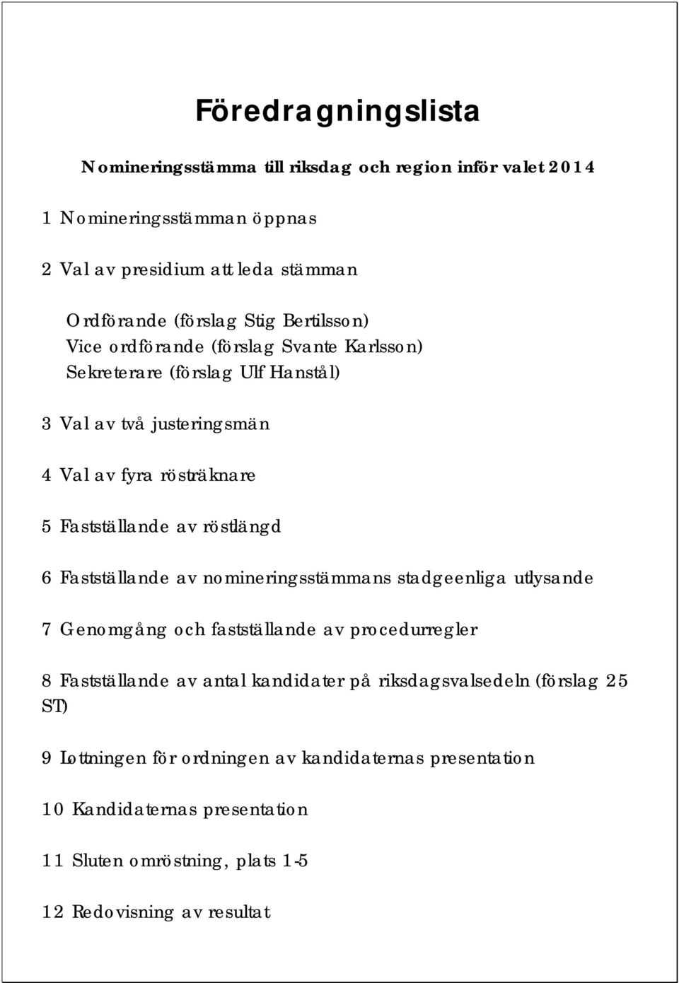 röstlängd 6 Fastställande av nomineringsstämmans stadgeenliga utlysande 7 Genomgång och fastställande av procedurregler 8 Fastställande av antal kandidater på