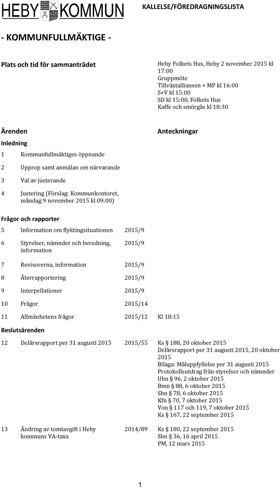 måndag 9 november 2015 kl 09:00) Frågor och rapporter 5 Information om flyktingsituationen 2015/9 6 Styrelser, nämnder och beredning, information 2015/9 7 Revisorerna, information 2015/9 8