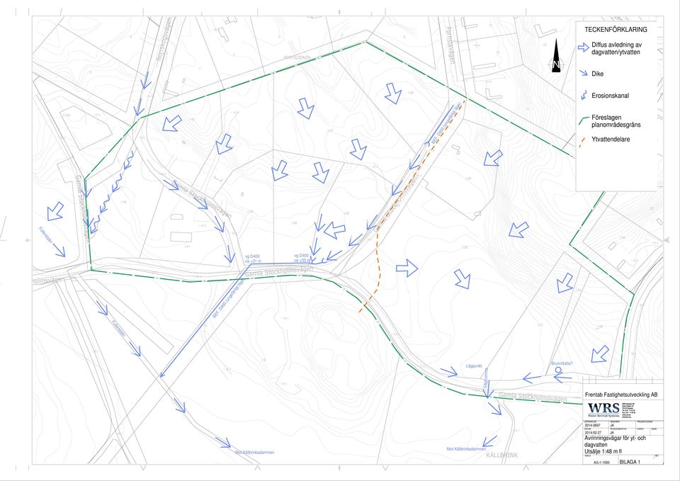 4 1:42 1:43 42.8 1:47 1:48 37.8 Lr BEF. D400 (ungefärligt läge) 11 19 Erosionskanal Föreslagen planområdesgräns Ytvattendelare S:1 9 67.9 67.5 ga:2 ga:1 65.5 66.3 2 Lr 28.9 Gamla Stockholmsvägen 31.