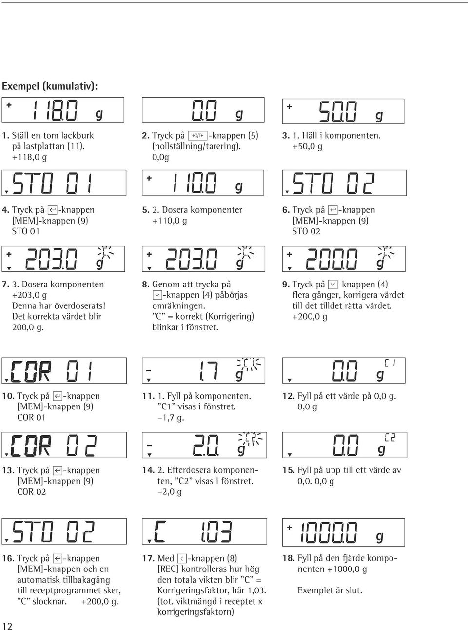 Det korrekta värdet blir 200,0 g. 8. Genom att trycka på y-knappen (4) påbörjas omräkningen. C = korrekt (Korrigering) blinkar i fönstret. 9.