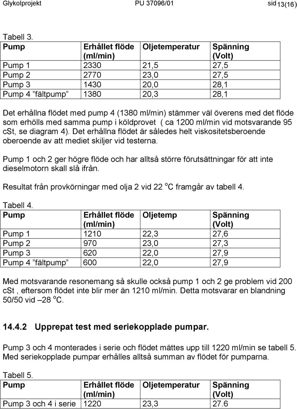 ml/min) stämmer väl överens med det flöde som erhölls med samma pump i köldprovet ( ca 1200 ml/min vid motsvarande 95 cst, se diagram 4).