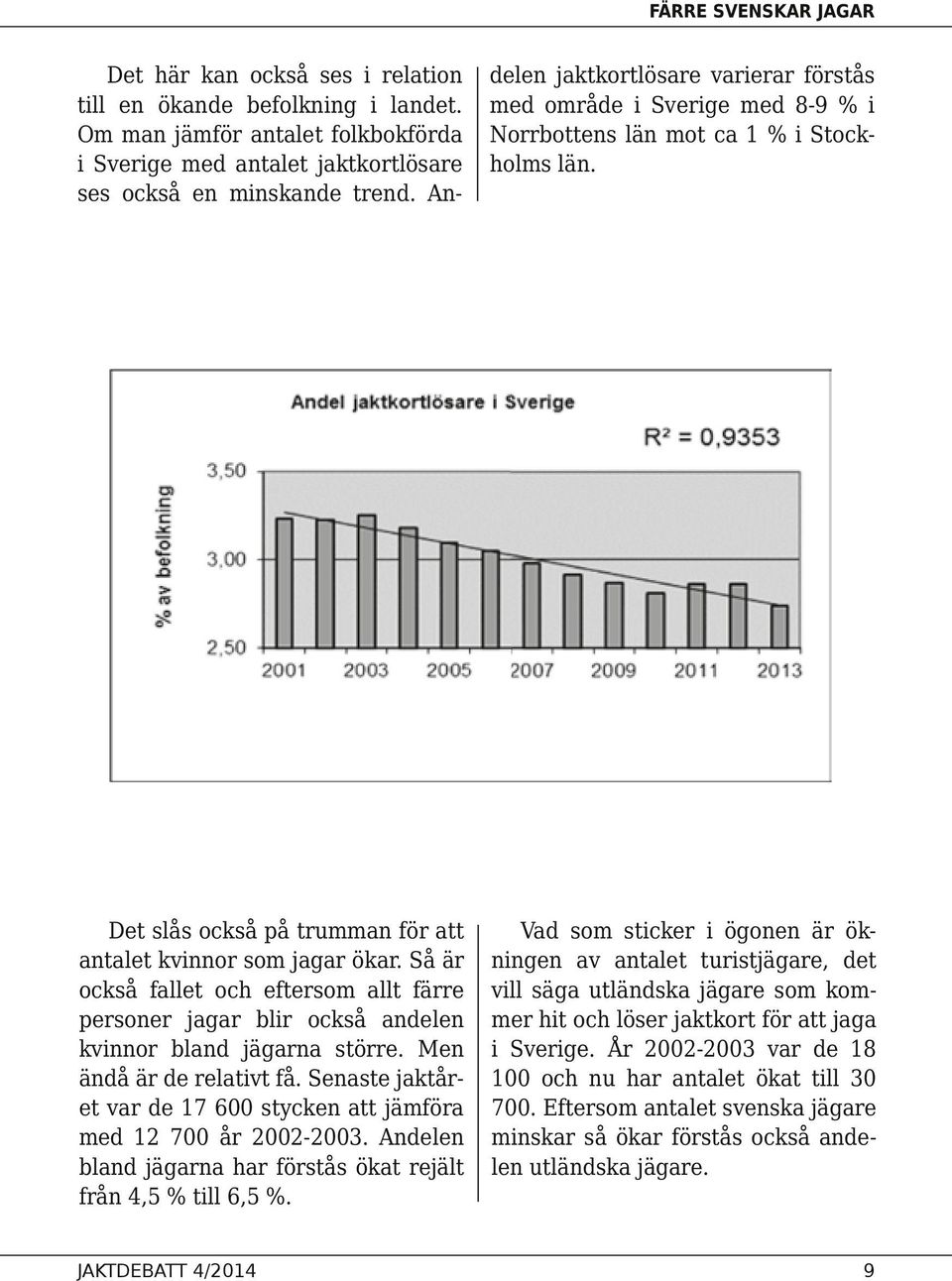 Så är också fallet och eftersom allt färre personer jagar blir också andelen kvinnor bland jägarna större. Men ändå är de relativt få.